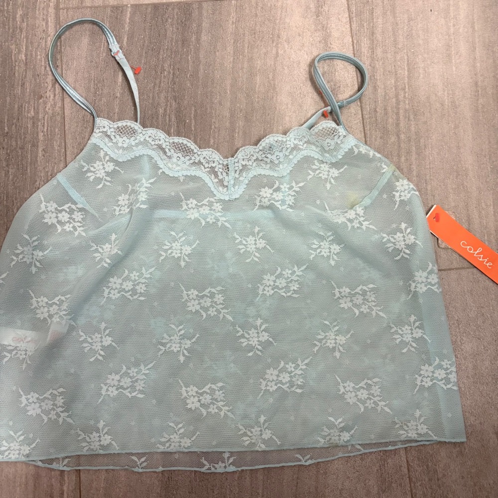 Colsie Womens Floral Lace Camisole Top Light Blue Sheer‎ Adjustable Straps Small